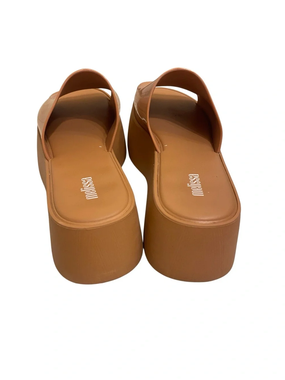 MELISSA WOMENS PLATFORM SLIDES IN CAMEL TAN SIZE 7 CHUNKY TRENDY EXPENSIVE